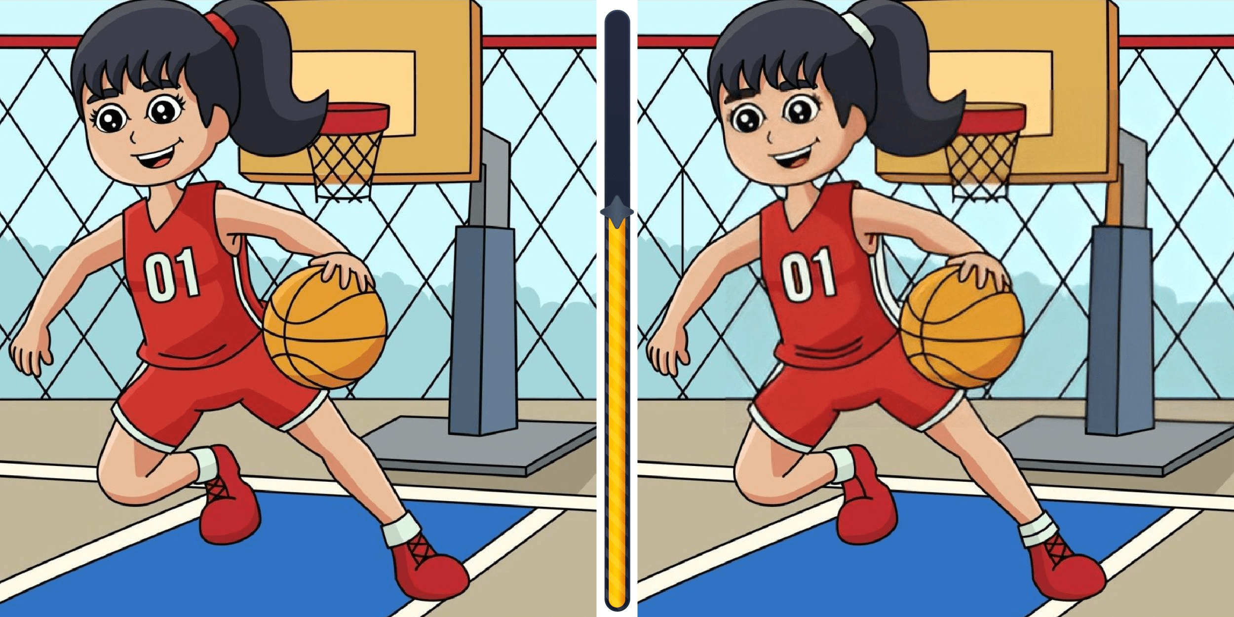 Vizuálna úloha: dokážete za menej ako 15 sekúnd rozpoznať všetkých 8 rozdielov v scéne tohto dievčaťa hrajúceho basketbal? Otestujte svoju pozornosť!